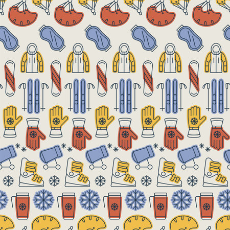 Winter active recreation and extreme sports seamless vector pattern with ski, snowboard. Linear icons with colorのイラスト素材