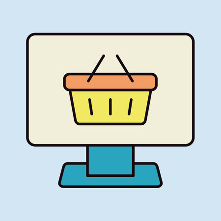 Computer display with shopping cart icon vector. Online shoping basket symbol, logo illustration. E-commerce signのイラスト素材