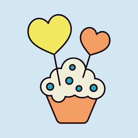 Cupcake with two hearts icon. Valentines day symbol. Vector illustration, romance elements. Sticker, patch, badge, card for marriage, weddingのイラスト素材
