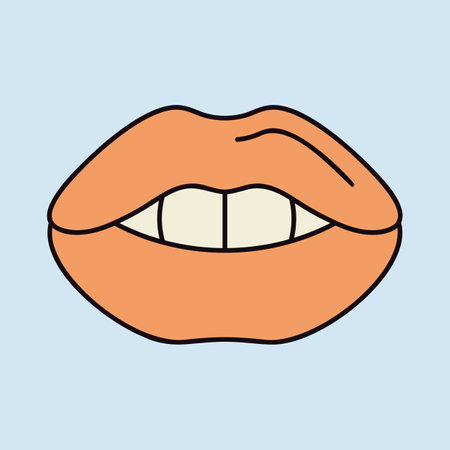 Woman red lips icon illustration. Female mouth shape with teeth. Beautiful kiss symbol with lipstick makeup for love poster, fashion banner, greeting card design. Pop art polka dot backgroundのイラスト素材