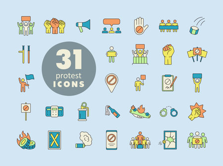 Protest, demonstration, strike, revolution set vector isolated icons. Graph symbol for your web site design, logo, app, UIのイラスト素材