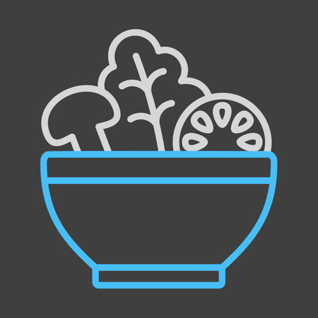 Salad bowl, green salad with tomato, mushrooms vector on dark background icon. Graph symbol for fitness and weight loss web site and apps design, logo, app, UIのイラスト素材