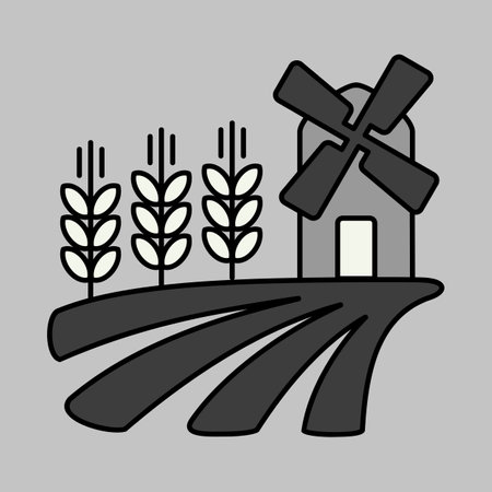 Field with a windmill and ears of wheat icon. Agriculture sign. Graph symbol for your web site design, logo, app, UI. Vector illustration, EPS10.のイラスト素材