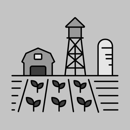 Farm landscape with barn, windpump, seedling and water tower vector icon. Agriculture sign. Graph symbol for your web site design, logo, app, UI. Vector illustration, EPS10.のイラスト素材