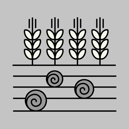 Ears of Wheat, Barley or Rye on field and round hay bales icon. Agriculture sign. Graph symbol for your web site design, logo, app, UI. Vector illustration, EPS10.のイラスト素材