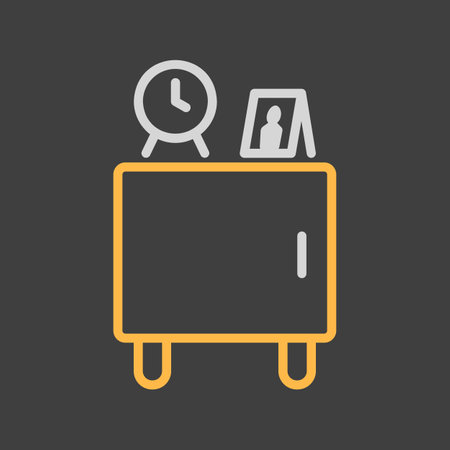 Wooden bedside table and clock alarm vector on dark background icon. Graph symbol for furniture, web site and apps design, logo, app, UIのイラスト素材