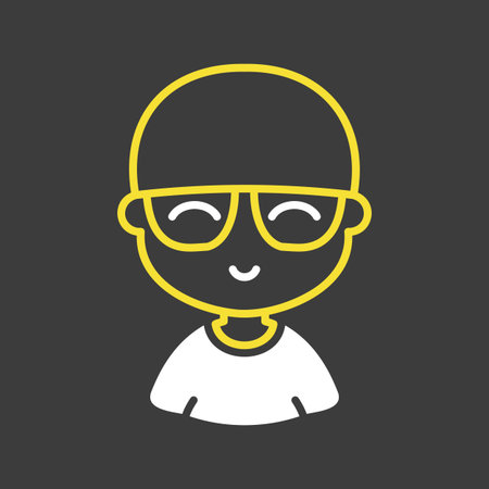 Portrait of a young bald man in stylish glasses vector solid icon on dark background. Hipster...