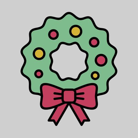 Christmas wreath with red berries, green leaves, and a big red bow vector icon. Winter sign. Graph symbol for event and holiday web site and apps design, logo, app, UIのイラスト素材