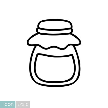 A simple line art icon of a homemade jam or preserve jar with a cloth cover. Perfect for food, rustic, and kitchen-themed designs, this icon symbolizes cozy and traditional food.のイラスト素材