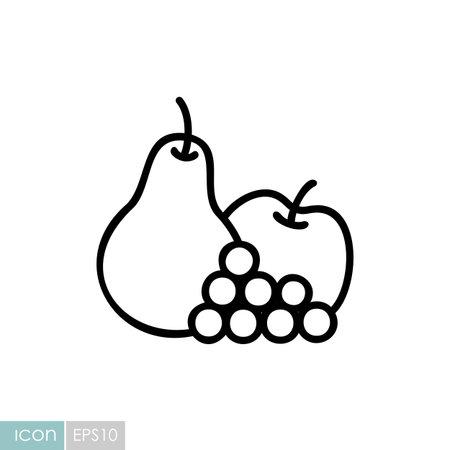 A simple, line art icon of a group of fruits including an apple, grapes, and a pear. This illustration symbolizes the abundance of the autumn harvest and is perfect for Thanksgiving-themed designs.のイラスト素材