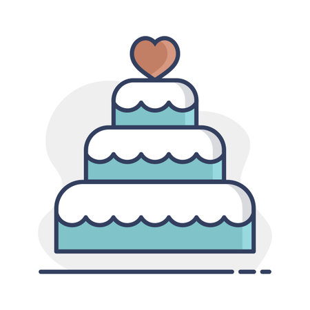 Stacked wedding cake dessert with heart topper isolated icon. Vector illustration, romance elements. Sticker, patch, badge, card for marriage, valentineのイラスト素材