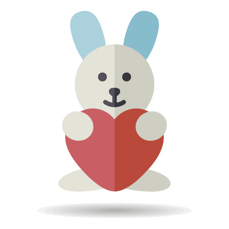 Cute plush rabbit with heart icon. Valentine day symbol. Vector illustration, romance elements. Sticker, patch, badge, card for marriage, weddingのイラスト素材