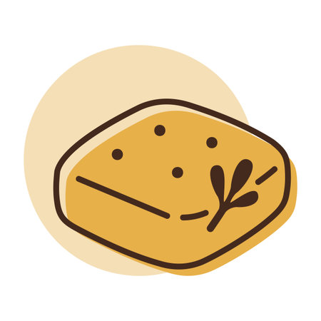 A linear icon with a partial color fill showing a piece of delicious Italian focaccia bread with herbs. Ideal for bakery, cuisine, and food concepts.のイラスト素材