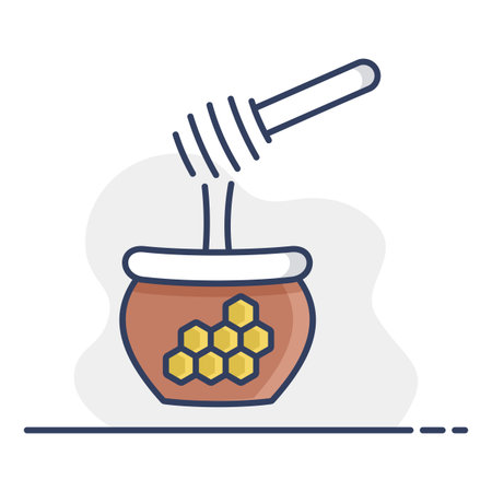A simple line art icon of a honey pot with a dipper. This illustration is perfect for food, organic, and kitchen-themed designs, symbolizing natural sweetness and harvest.のイラスト素材