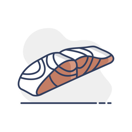 Minimalistic flat vector icon of a fresh salmon fillet, ideal for seafood recipes, diet blogs, or sushi restaurant menus.のイラスト素材