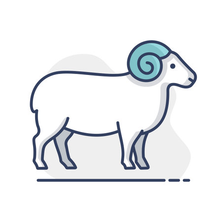 Minimalistic flat line art illustration of a white ram with horns. Ideal for livestock, farm, meat, or agricultural symbol designs.のイラスト素材