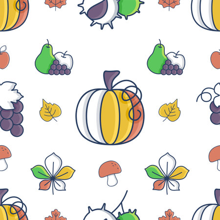 Stylized vector illustration with an outline effect on pumpkins, fruits, and mushrooms, creating a colorful, repeatable fall background. Great for textile and paper design.のイラスト素材
