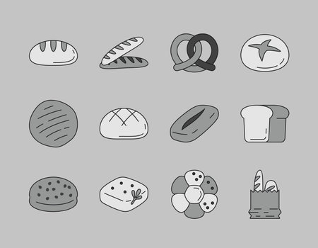 A vector grayscale icon collection of various bread types and bakery goods. Ideal for menus, food apps, and restaurant websites.のイラスト素材