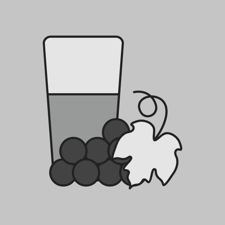 A simple grayscale icon of a glass filled with fresh grape juice. This illustration is perfect for food, beverage, and healthy drink-related designs, symbolizing natural and organic products.のイラスト素材