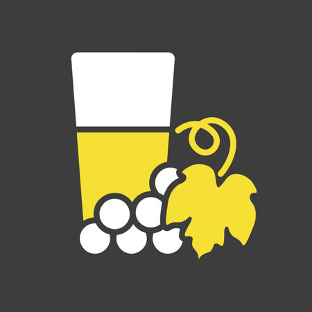 A classic vector silhouette on dark background of a tall glass of grape juice next to a bunch of grapes and a leaf. This icon is perfect for designs related to beverages, natural drinks, and vineyardsのイラスト素材