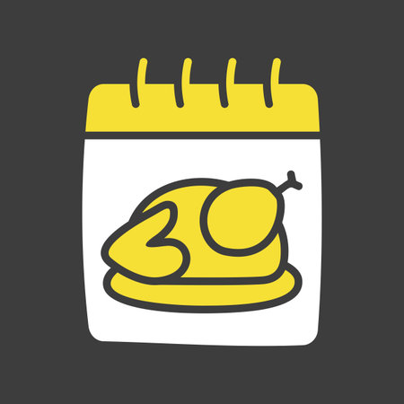 Vector silhouette on dark background of a calendar page with a spiral binding, featuring a roasted turkey. This icon is perfect for designs celebrating the Thanksgiving holiday, eventsのイラスト素材