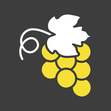Vector on dark background icon of a grape bunch, featuring a single leaf and a curling vine. This clean design is ideal for logos, web graphics, and app icons for wineries or healthy food brands.のイラスト素材