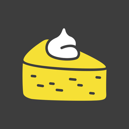 A classic vector silhouette on dark background of a slice of pumpkin pie topped with a dollop of...