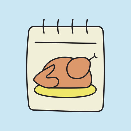 A simple line art icon of a calendar with a roasted turkey, symbolizing the Thanksgiving holiday or a special dinner event. Perfect for food, holiday, and celebration-themed designs.のイラスト素材