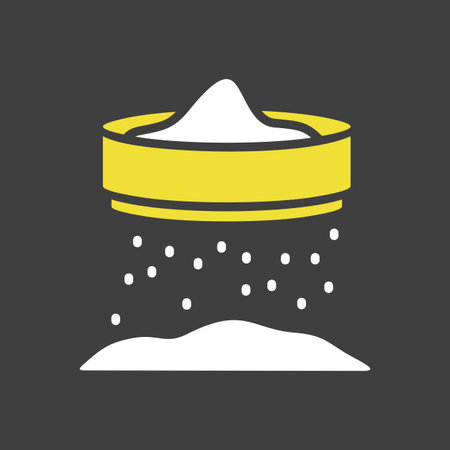 A simple black glyph icon of a flour sifter with a pile of flour on top and sifted flour underneath. This icon is perfect for representing baking tools, ingredients, or the process of preparing doughのイラスト素材