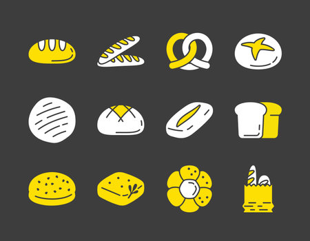 A collection of black glyph icons representing various types of bread, including loaves, baguettes, and buns. This set is perfect for menus, food blogs, or bakery-related designs.のイラスト素材
