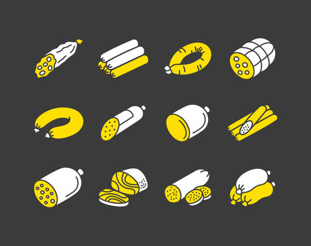 Black glyph icons various deli sausage and smoked meat products, including salami and sliced pieces. Flat minimal vector art perfect for restaurant menus, grocery store ads, or butcher shop branding.のイラスト素材