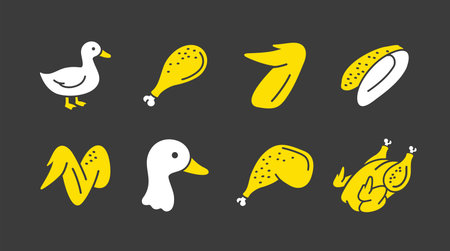 Black glyph icons duck and poultry products, including whole bird, head, wings, leg, and prepared cuts. Flat minimal vector art for gourmet restaurant menus, holiday recipes, or butcher shop branding.のイラスト素材