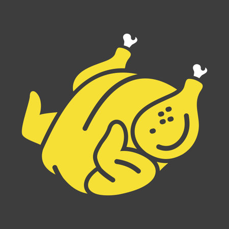 Solid black glyph icon of a whole cooked, roasted chicken or turkey, ideal for holiday menus, dinner themes, or food preparation designs.のイラスト素材