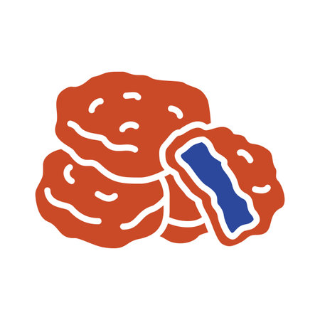 Solid black glyph icon of three breaded chicken nuggets, perfect for fast food menus, kids' meals, or delivery service apps.のイラスト素材