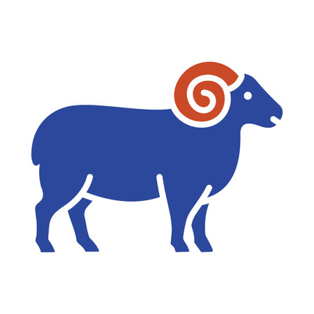Black glyph icon of a standing ram with large curled horns. Simple flat design perfect for farming, meat, or zodiac astrology projects.のイラスト素材