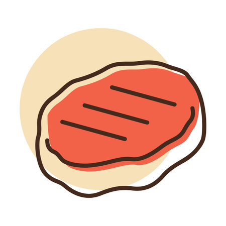 Minimalistic flat vector icon of a cooked grilled meat patty, perfect for burger menus, BBQ ads, or cooking application designs.のイラスト素材