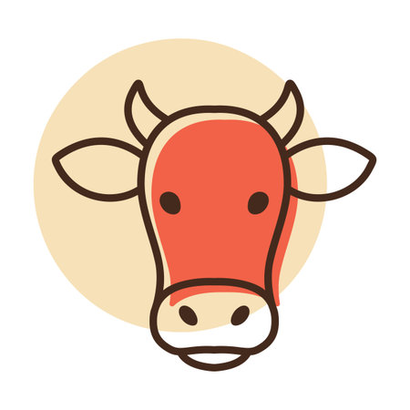 Minimalistic flat line art illustration of a cheerful cow head. Ideal for farm, dairy, beef, or mascot design projects and logos.のイラスト素材