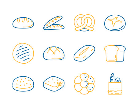 A vector icon collection of various bread types and bakery goods. Ideal for menus, food apps, and restaurant websites.のイラスト素材