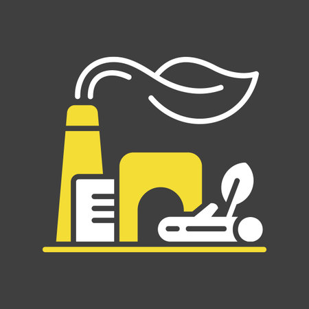 Minimalist outline factory glyph on dark background icon with leaves and wood suitable for renewable biomass energy and sustainable industry designのイラスト素材
