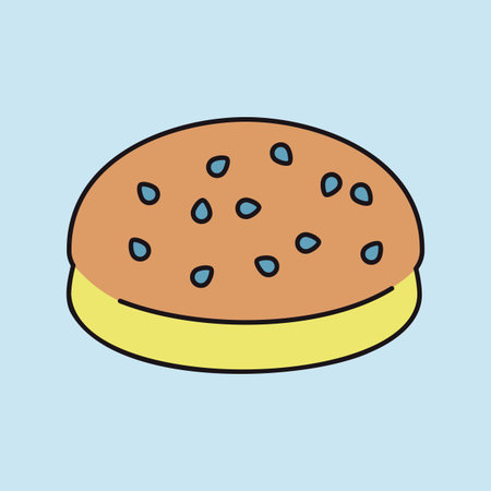A linear icon with a partial color fill of a classic burger bun, topped with sesame seeds. Ideal for...