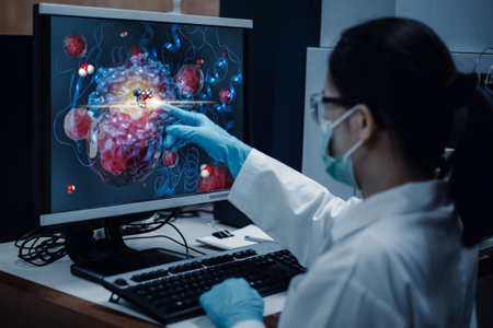 Researcher woman indicates the position of drug sample in the modelling simulation of drug development as shown on a computer monitor. The analytical computer is a supercomputer for drug simulation.の写真素材
