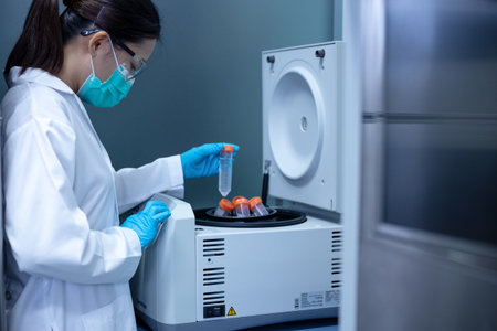 Researcher woman using the centrifuge machine to separate between precipitate from the sample...