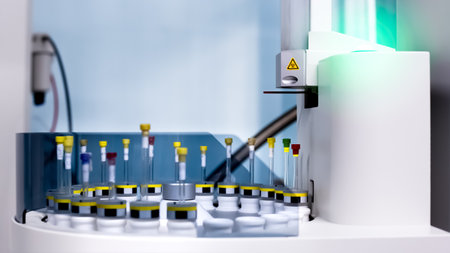 Green light indicates readiness to load samples into automated NMR spectroscopy for advanced analysis, chemistry, biochemistry,  scientific research.の写真素材