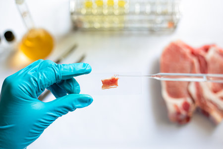 Scientists test for harmful substances contaminated in meat specimens on microscope slides by drop reagents to check the quality of the meat in the lab.の写真素材