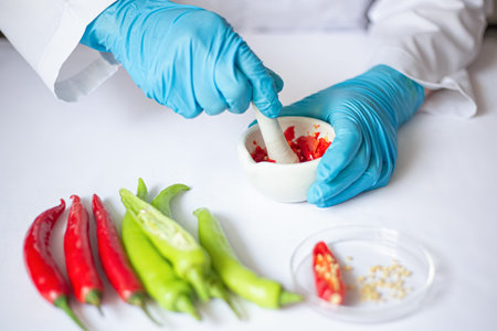 Scientists use a mortar and pestle to grind fresh chili to small pieces for capsaicin extract.