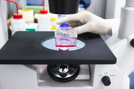 Scientists use a microscope to look at cultures of cancer cells in the laboratory. Research and drug development, Medical, Pharmaceutical, Biochemistry.の写真素材