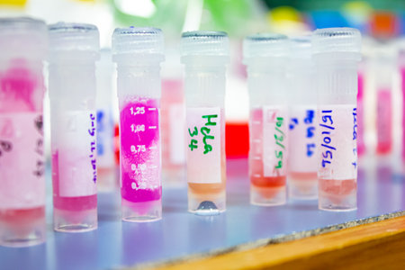 Closeup, cultures cancer cells in cryovial tubes taken from liquid nitrogen infusion to prepare drug tests for anticancer in the laboratory. Research and drug development, Medical, Pharmaceutical, Biochemistry.の写真素材