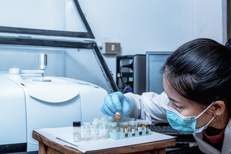Scientist Women Check Samples in Vials before analysis with Fourier Transform Infrared Spectroscopy FTIR Instrument. The FTIR instrument was used to identify the chemical identity of sample analysed.の写真素材