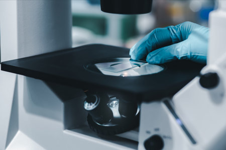 Closeup of hand glove of scientist put slide glass on the inverted microscope for looking culture cells for bioassay in the laboratory.Research for pharmaceutical and biotechnology development.の写真素材