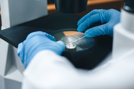 Closeup of hand glove of scientist put slide glass on the inverted microscope for looking culture cells for bioassay in the laboratory.Research for pharmaceutical and biotechnology development.の写真素材
